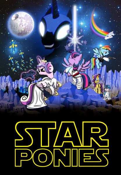 Size: 1474x2124 | Tagged: safe, artist:dan232323, derpibooru import, nightmare moon, princess cadance, rainbow dash, rarity, spike, twilight sparkle, twilight sparkle (alicorn), alicorn, pony, blaster, c-3po, crossover, darth vader, death star, female, han solo, lightsaber, luke skywalker, mare, mare in the moon, millenium falcon, moon, movie poster, parody, princess leia, r2-d2, star wars, weapon, wonderbolts