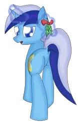 Size: 1000x1600 | Tagged: suggestive, artist:nevaylin, derpibooru import, minuette, pony, unicorn, colored pupils, dock, featureless crotch, looking at you, looking back, mistletoe, mistletoe abuse, open mouth, plot, simple background, solo, transparent background