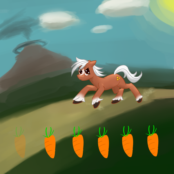 Size: 1000x1000 | Tagged: safe, artist:pinkamenadianepi, derpibooru import, ponified, earth pony, pony, carrot, death mountain, epona, female, floppy ears, food, frown, galloping, glare, mare, running, solo, the legend of zelda