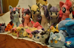 Size: 1280x836 | Tagged: safe, artist:ketika, derpibooru import, applejack, derpy hooves, discord, doctor whooves, fluttershy, lily longsocks, lyra heartstrings, maud pie, octavia melody, pinkie pie, rarity, scootaloo, sunny flare, time turner, trixie, twilight sparkle, bat pony, pony, flutterbat, irl, photo, plushie