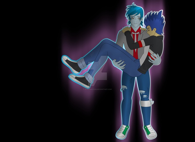 Size: 1600x1163 | Tagged: safe, artist:supermaxx92, derpibooru import, flash sentry, thunderbass, equestria girls, background human, bridal carry, carrying, couple, gay, holding, lifting, male, rocker, shipping, thunderflash, watermark, yaoi hands