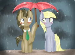 Size: 1650x1200 | Tagged: safe, artist:mojmojsanna, derpibooru import, derpy hooves, doctor whooves, time turner, pegasus, pony, blushing, doctorderpy, female, grin, male, mare, rain, shipping, smiling, stallion, straight, umbrella