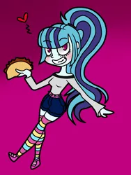 Size: 1500x2000 | Tagged: safe, artist:niightlydark, derpibooru import, sonata dusk, equestria girls, blushing, clothes, food, grin, heart, socks, solo, sonataco, striped socks, taco, thigh highs