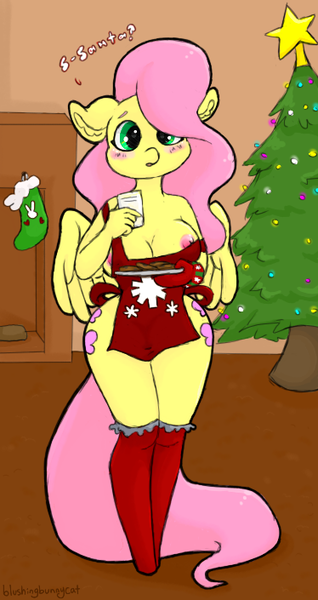 Size: 374x705 | Tagged: anthro, apron, artist:bunnycat, blushing, both cutie marks, breasts, busty fluttershy, christmas stocking, christmas tree, clothes, cute, cute porn, derpibooru import, dialogue, female, fluttershy, kneesocks, milk and cookies, nipples, nipple slip, nudity, questionable, socks, solo, solo female, stockings, tree, wide hips