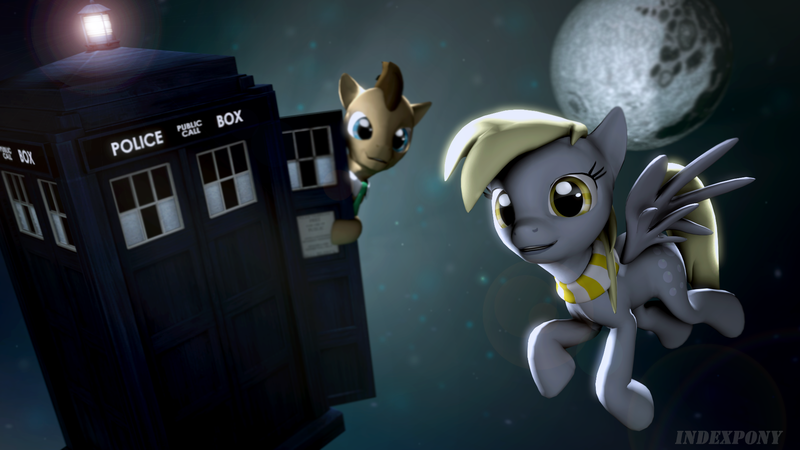 Size: 1920x1080 | Tagged: safe, artist:indexpony, derpibooru import, derpy hooves, doctor whooves, time turner, pegasus, pony, 3d, clothes, female, light, male, mare, mare in the moon, moon, scarf, source filmmaker, space, stallion, tardis
