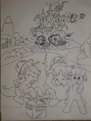 Size: 1024x1365 | Tagged: apple bloom, artist:hillbe, cutie mark crusaders, demolition, derpibooru import, detonator, dynamite, explosives, hard hat, hat, safe, scootaloo, sweetie belle, traditional art, twilight's castle