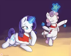 Size: 1700x1350 | Tagged: safe, artist:alasou, deleted from derpibooru, derpibooru import, rarity, sweetie belle, pony, semi-anthro, balancing, bipedal, candy, candy cane, christmas ornament, cute, cutie mark, diasweetes, eyes closed, female, filly, food, glowing horn, levitation, magic, patreon, patreon logo, pose, prone, raised leg, raribetes, smiling, telekinesis, the cmc's cutie marks