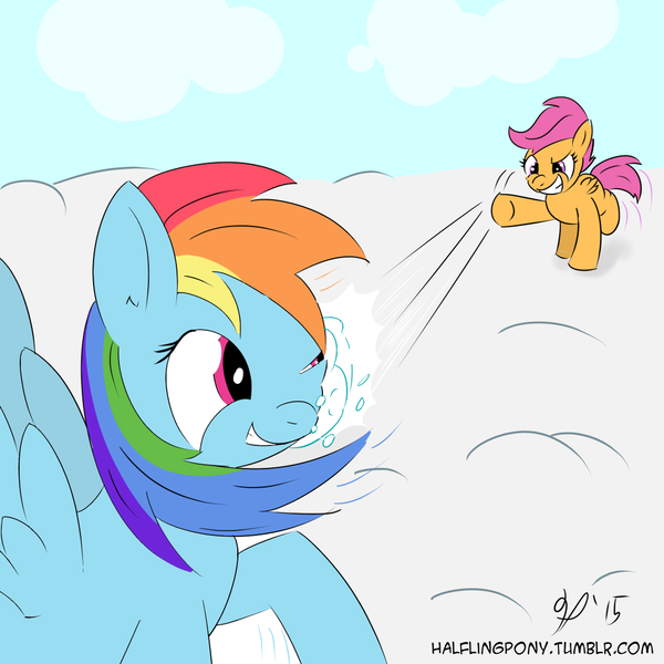 Size: 1050x1050 | Tagged: artist:halflingpony, derpibooru import, my little art challenge, rainbow dash, safe, scootaloo, scootalove, snow, snowball, snowball fight