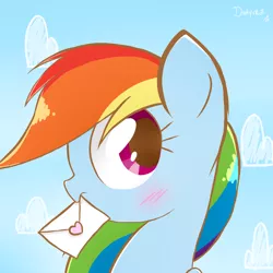 Size: 1500x1500 | Tagged: safe, artist:darkynez, derpibooru import, rainbow dash, blushing, bust, cute, dashabetes, envelope, letter, love letter, mouth hold, portrait, profile, solo