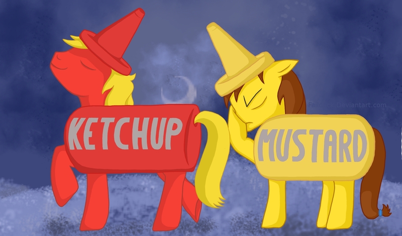 Size: 2000x1175 | Tagged: artist:failduck, clothes, costume, derpibooru import, food, ketchup, mustard, oc, oc:apple cider, oc:chef sandy, safe, sauce, unofficial characters only