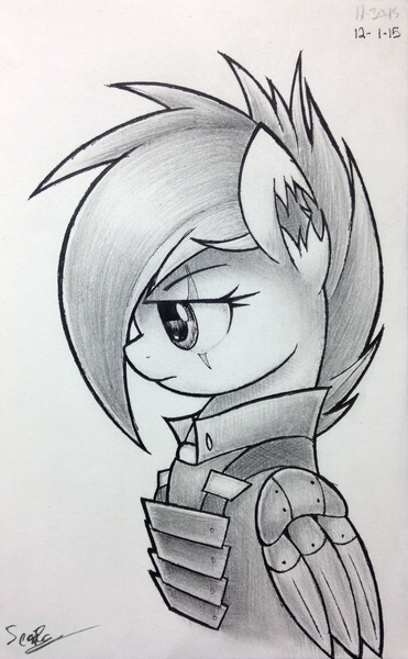 Size: 1885x3050 | Tagged: alternate timeline, apocalypse dash, artist:sheandog, crystal war timeline, derpibooru import, injured, monochrome, prosthetic limb, rainbow dash, sad, safe, scar, solo, the cutie re-mark, torn ear, traditional art