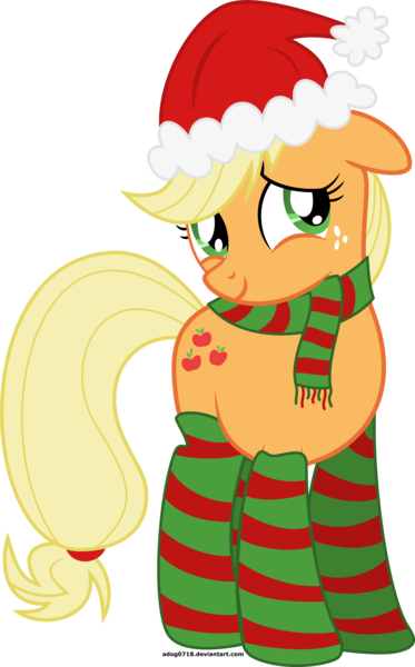 Size: 2561x4118 | Tagged: applejack, artist:adog0718, christmas, clothes, cute, derpibooru import, hat, jackabetes, safe, santa hat, scarf, simple background, socks, solo, striped socks, transparent background, vector