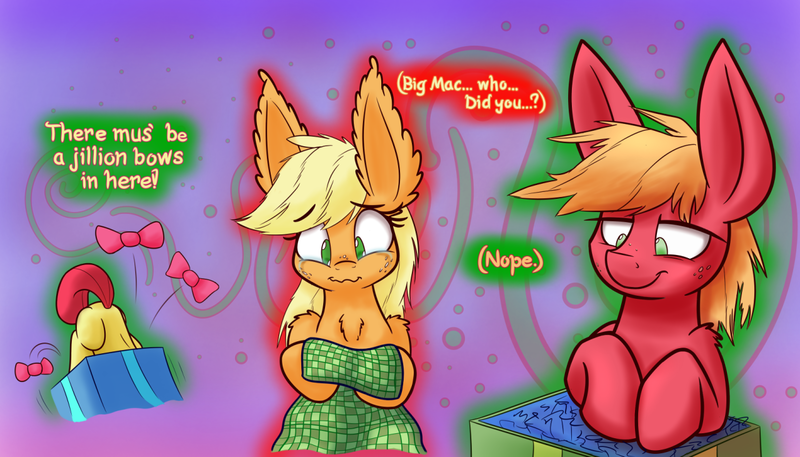 Size: 1280x731 | Tagged: safe, artist:heir-of-rick, derpibooru import, part of a set, apple bloom, applejack, big macintosh, earth pony, pony, daily apple pony, :i, :t, bow, box, chest fluff, crying, dialogue, ear fluff, face down ass up, female, filly, fluffy, glow, happy, impossibly large ears, lidded eyes, male, mare, present, purple background, shoulder fluff, simple background, smiling, stallion, wavy mouth