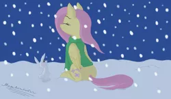 Size: 4400x2550 | Tagged: angel bunny, artist:megaanimationfan, bottomless, clothes, derpibooru import, digital art, eyes closed, fluttershy, folded wings, green sweater, it's a pony kind of christmas, looking up, night, outdoors, partial nudity, pink hair, pink mane, pink tail, profile, relaxed, safe, signature, sitting, smiling, snow, snowfall, sweater, sweatershy, yellow coat