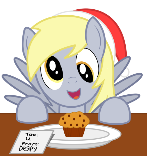 Size: 1233x1311 | Tagged: safe, artist:comfydove, derpibooru import, derpy hooves, pegasus, pony, christmas, cute, derpabetes, female, food, for you, happy, hat, looking at you, mare, merry christmas, muffin, open mouth, plate, present, santa hat, solo, spread wings, table, wings