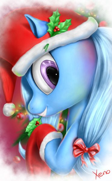 Size: 929x1500 | Tagged: safe, artist:the1xeno1, derpibooru import, trixie, pony, unicorn, bow, christmas, christmas tree, clothes, female, hair bow, hat, holly, looking at you, mare, santa hat, socks, solo, tree