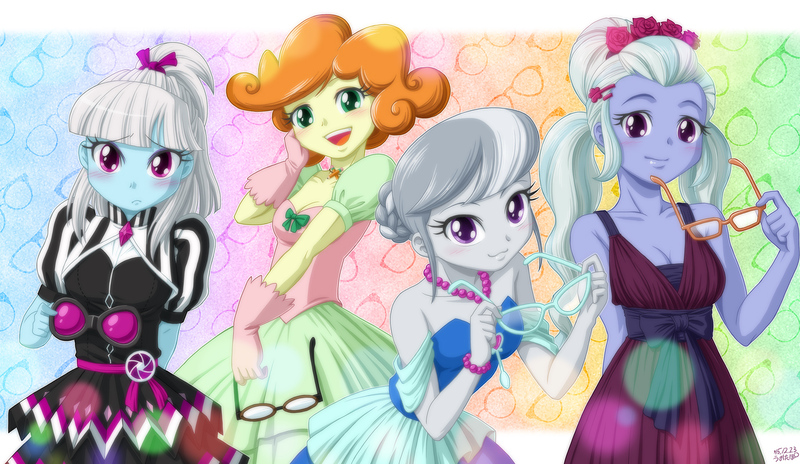 Size: 1379x800 | Tagged: safe, artist:uotapo, derpibooru import, photo finish, scribble dee, silver spoon, sugarcoat, equestria girls, friendship games, abstract background, background human, blushing, bow, cleavage, clothes, colored pupils, cute, dress, female, glasses, glasses off, gloves, hair bow, looking at you, missing accessory, moe, open mouth, photaww finish, silverbetes, smiling, sugarcute, sunglasses, uotapo is trying to murder us