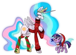 Size: 1242x902 | Tagged: artist:sunbusting, candy, candy cane, christmas, christmas sweater, clothes, cute, cutelestia, derpibooru import, eyes closed, filly, filly twilight sparkle, food, hat, momlestia fuel, mouth hold, princess celestia, raised hoof, safe, santa hat, simple background, socks, stockings, striped socks, sweater, transparent background, twiabetes, twilight sparkle