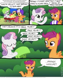 Size: 802x994 | Tagged: apple bloom, artist:kturtle, comic, cutie mark crusaders, derpibooru import, helmet, looney tunes, magic, reference, safe, scootaloo, screencap, sweetie belle, wagon, what's opera doc