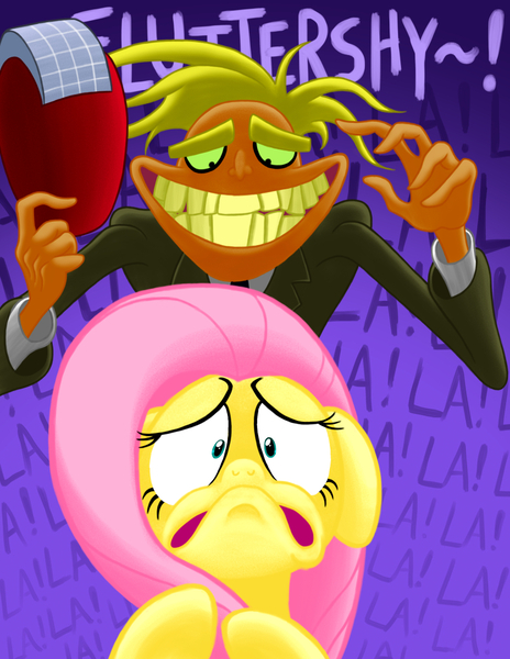 Size: 843x1089 | Tagged: artist:royalrainbow51, courage the cowardly dog, crossover, derpibooru import, electric razor, fluttershy, freaky fred, naughty, pure unfiltered evil, safe, this will end in baldness