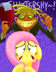 Size: 843x1089 | Tagged: artist:royalrainbow51, courage the cowardly dog, crossover, derpibooru import, electric razor, fluttershy, freaky fred, naughty, pure unfiltered evil, safe, this will end in baldness