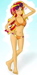 Size: 1080x2160 | Tagged: suggestive, artist:zuko42, derpibooru import, sunset shimmer, equestria girls, armpits, barefoot, belly button, bikini, blushing, breasts, clothes, feet, heart, looking at you, midriff, solo, sunglasses, swimsuit, wink