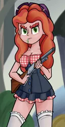 Size: 640x1248 | Tagged: suggestive, artist:ohohokapi, deleted from derpibooru, derpibooru import, tree h. hooffield, equestria girls, the hooffields and mccolts, breasts, cleavage, equestria girls-ified, female, gun, lever action rifle, solo, solo female, weapon
