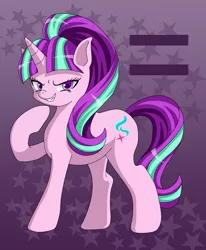 Size: 1299x1576 | Tagged: safe, artist:shiragariria, derpibooru import, starlight glimmer, pony, unicorn, equal cutie mark, female, grin, mare, pixiv, raised hoof, s5 starlight, smiling, solo, stars