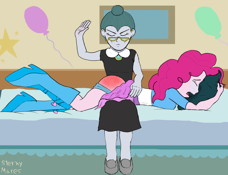 Size: 1300x1000 | Tagged: suggestive, artist:sternymares, deleted from derpibooru, derpibooru import, cloudy quartz, pinkie pie, equestria girls, rainbow rocks, abuse, bed, blue underwear, clothes, crying, discipline, equestria girls-ified, female, females only, mother and daughter, panties, pinkiebuse, punishment, red butt, reddened butt, room, skirt, skirt lift, spank mark, spanked, spanking, underwear