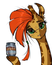 Size: 2000x2500 | Tagged: artist:madhotaru, can, cyrillic, derpibooru import, drink, giraffe, looking at you, meme, oc, oc:twiggy, russian, safe, simple background, solo, transparent background, unofficial characters only