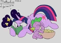 Size: 1280x895 | Tagged: safe, artist:lyracorn, artist:mellowhen, derpibooru import, spike, twilight sparkle, twilight sparkle (alicorn), alicorn, pony, book, chips, chubby, fat, female, food, mare, nachos, obese, they're just so cheesy, twilard sparkle