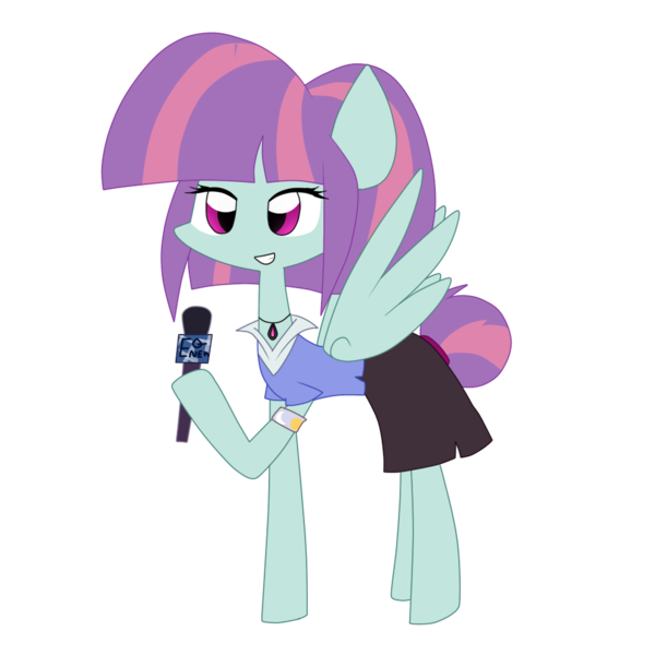 Size: 1000x1000 | Tagged: safe, artist:luckyclau, derpibooru import, sunny flare, ponified, equestria girls, friendship games, alternate universe, armband, clothes, equestria girls ponified, microphone, necklace, news reporter, shirt, skirt, solo