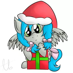 Size: 1000x1000 | Tagged: safe, artist:laptopbrony, derpibooru import, oc, oc:darcy sinclair, unofficial characters only, bow, christmas, cute, hat, looking at you, present, santa hat, solo, spread wings