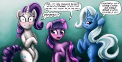 Size: 1600x818 | Tagged: dead source, suggestive, artist:pluckyninja, derpibooru import, rarity, trixie, twilight sparkle, pony, bedroom eyes, bipedal, blushing, comic, covering, dialogue, dock, embarrassed, embarrassed nude exposure, female, floppy ears, grin, gritted teeth, hilarious in hindsight, lewd, naked rarity, nudity, plot, presenting, raised hoof, smiling, the great and powerful ass, we don't normally wear clothes, wide eyes