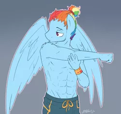 Size: 1257x1178 | Tagged: abs, adonis belt, alternate hairstyle, anthro, artist:nolycs, bare chest, clothes, derpibooru import, male, rainbow blitz, rainbow dash, rule 63, solo, solo male, stretching, suggestive, sweatpants, topless, wristband