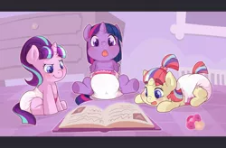 Size: 1280x840 | Tagged: safe, artist:cuddlehooves, derpibooru import, moondancer, starlight glimmer, twilight sparkle, twilight sparkle (alicorn), alicorn, pony, unicorn, age regression, book, cuddlehooves is trying to murder us, cute, dancerbetes, diaper, female, glimmerbetes, mare, pacifier, poofy diaper, twiabetes, younger