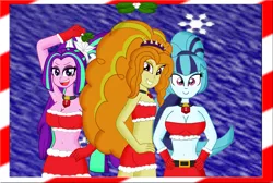 Size: 3727x2511 | Tagged: suggestive, artist:cyber-murph, derpibooru import, adagio dazzle, aria blaze, sonata dusk, equestria girls, adagio dat-azzle, ass, belly button, breasts, busty aria blaze, busty sonata dusk, christmas, cleavage, clothes, delicious flat chest, female, flatdagio dazzle, hand on hip, hips, midriff, mistletoe, santa costume, sexy