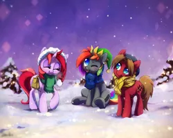 Size: 2170x1736 | Tagged: safe, artist:dawnfire, derpibooru import, oc, oc:dawnfire, oc:doodles, oc:krylone, unofficial characters only, ;p, clothes, colored pupils, cute, eyes closed, freckles, hat, one eye closed, raised hoof, scarf, sitting, snow, snowfall, tongue out, trio, underhoof, wink, winter