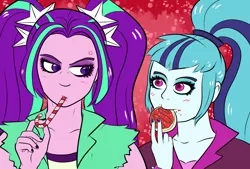 Size: 1600x1080 | Tagged: safe, artist:black-claudia, derpibooru import, aria blaze, sonata dusk, equestria girls, candy, candy cane, food