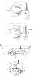 Size: 900x2033 | Tagged: suggestive, artist:baron engel, derpibooru import, rainbow dash, oc, oc:carousel, oc:petina, oc:sky brush, bed, canon x oc, comic, cuddling, horn guard, monochrome, morning after, pencil drawing, shipping, snuggling, story in the source, traditional art