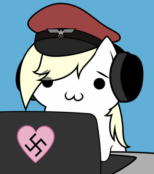 Size: 2656x3000 | Tagged: :3, artist:vectorfag, cat, catface, chibi, computer, cute, derpibooru import, hat, headphones, heart, kittyanne, laptop computer, nazi, oc, oc:aryanne, safe, solo, swastika, unofficial characters only, vector