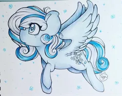 Size: 1024x809 | Tagged: safe, artist:pizza0w0, derpibooru import, oc, oc:snowdrop, unofficial characters only, pegasus, pony, female, filly, flying, multicolored hair, multicolored mane, multicolored tail, profile, signature, snow, snowflake, solo, spread wings, teary eyes, traditional art, wings