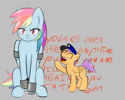 Size: 962x775 | Tagged: arrested, artist:owlnon, blushing, bondage, bondage cuffs, bondage gear, bound wings, cuffs, derpibooru import, miranda rights, prisoner rd, rainbow dash, safe, scootaloo