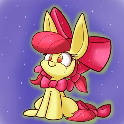 Size: 1250x1250 | Tagged: safe, artist:heir-of-rick, derpibooru import, part of a set, apple bloom, earth pony, pony, daily apple pony, :t, adorabloom, bow, bowtie, cute, female, filly, freckles, glow, gradient background, hair bow, heir-of-rick is trying to murder us, impossibly large ears, large ears, neck bow, puffy cheeks, sitting, smiling, snow, solo, tail bow