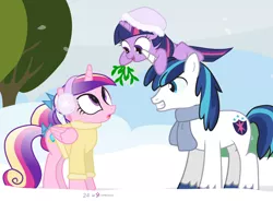 Size: 1000x735 | Tagged: safe, artist:dm29, derpibooru import, princess cadance, shining armor, twilight sparkle, pony, advent calendar, cute, cutedance, filly, filly twilight sparkle, holiday horse days, julian yeo is trying to murder us, mistletoe, shining adorable, shipper on deck, snow, teenager, trio, twiabetes, twilight the shipper, twily, younger