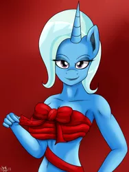 Size: 1500x2000 | Tagged: suggestive, artist:novaspark, derpibooru import, trixie, anthro, bondage, christmas, female, gift wrapped, looking at you, present, ribbon, solo, solo female, wrapping