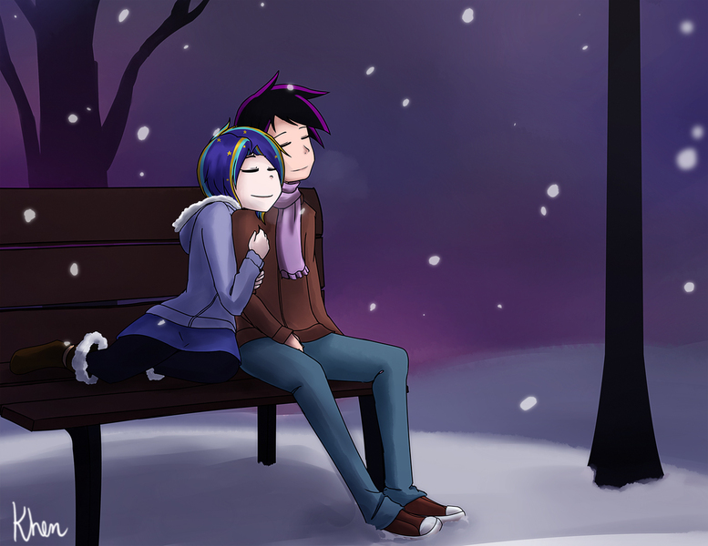 Size: 1389x1073 | Tagged: safe, artist:kprovido, derpibooru import, stellar eclipse, oc, oc:night lark, unofficial characters only, human, canon x oc, clothes, converse, female, humanized, male, oc x oc, outdoors, shipping, shoes, snow, snowfall, stellarnight, straight