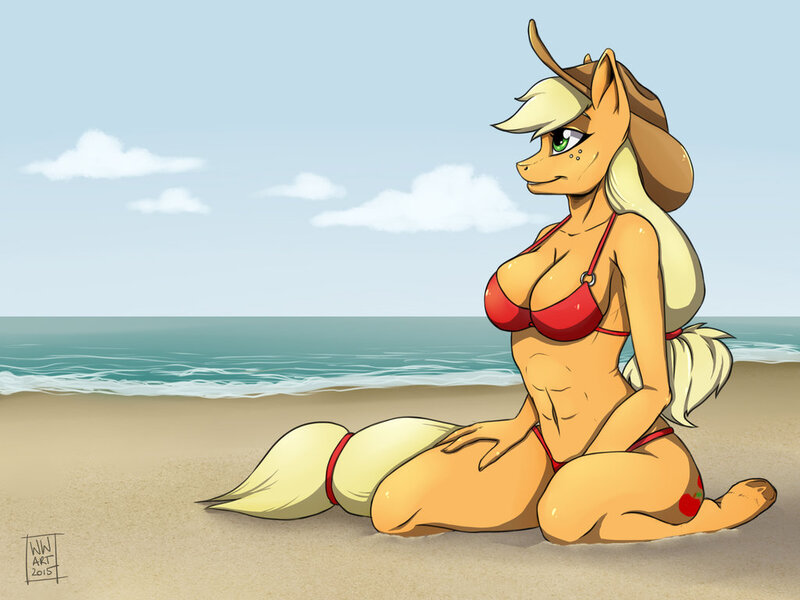 Size: 1024x768 | Tagged: abs, anthro, applejack, artist:wordswhisperer, beach, belly button, bikini, breasts, busty applejack, cleavage, clothes, derpibooru import, female, sand, solo, suggestive, swimsuit