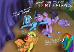 Size: 1755x1228 | Tagged: safe, artist:xbi, derpibooru import, applejack, rainbow dash, trixie, twilight sparkle, pony, boast busters, abuse, apple, apple gag, bondage, bound and gagged, bucking, catfight, clothes, fight, flexible, food, frog (hoof), gag, jackabuse, kung fu, scene interpretation, silly, silly pony, torn clothes, twilightlicious, underhoof