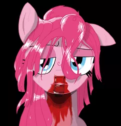 Size: 1552x1612 | Tagged: album cover, andrew w.k., artist:blood-asp0123, black background, blood, derpibooru import, floppy ears, frown, gritted teeth, hair over eyes, i get wet, nosebleed, parody, pinkie pie, semi-grimdark, simple background, teeth, wet mane